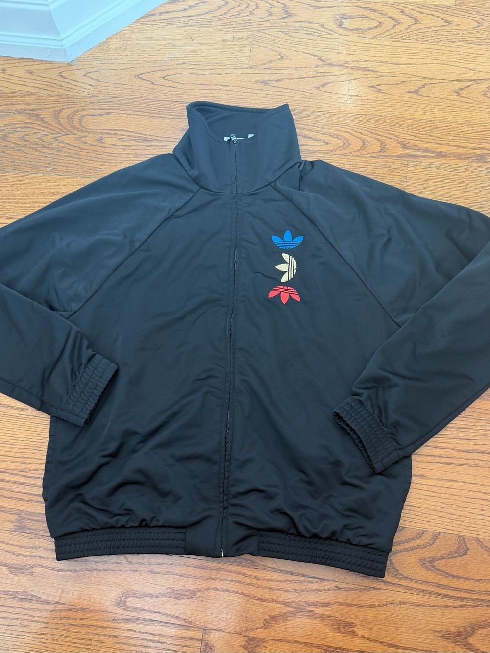 adidas Black Bomber Jacket with Blue, Yellow & Red Trefoil